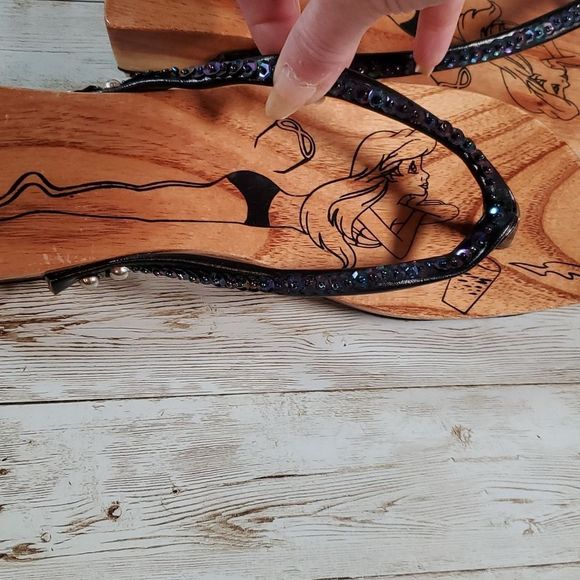 Beach Feet Wooden Sole Ariel Little Mermaid Sandals Flip Flops Sequins Size 9 - Picture 2 of 8